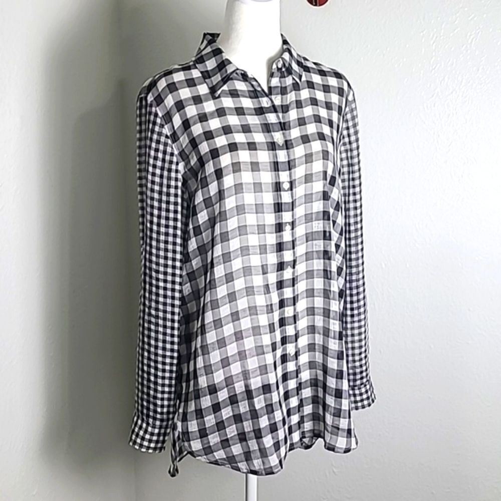 Calvin Klein High-Low Sheer Buttondown Blouse, Black & White Check, Size Medium